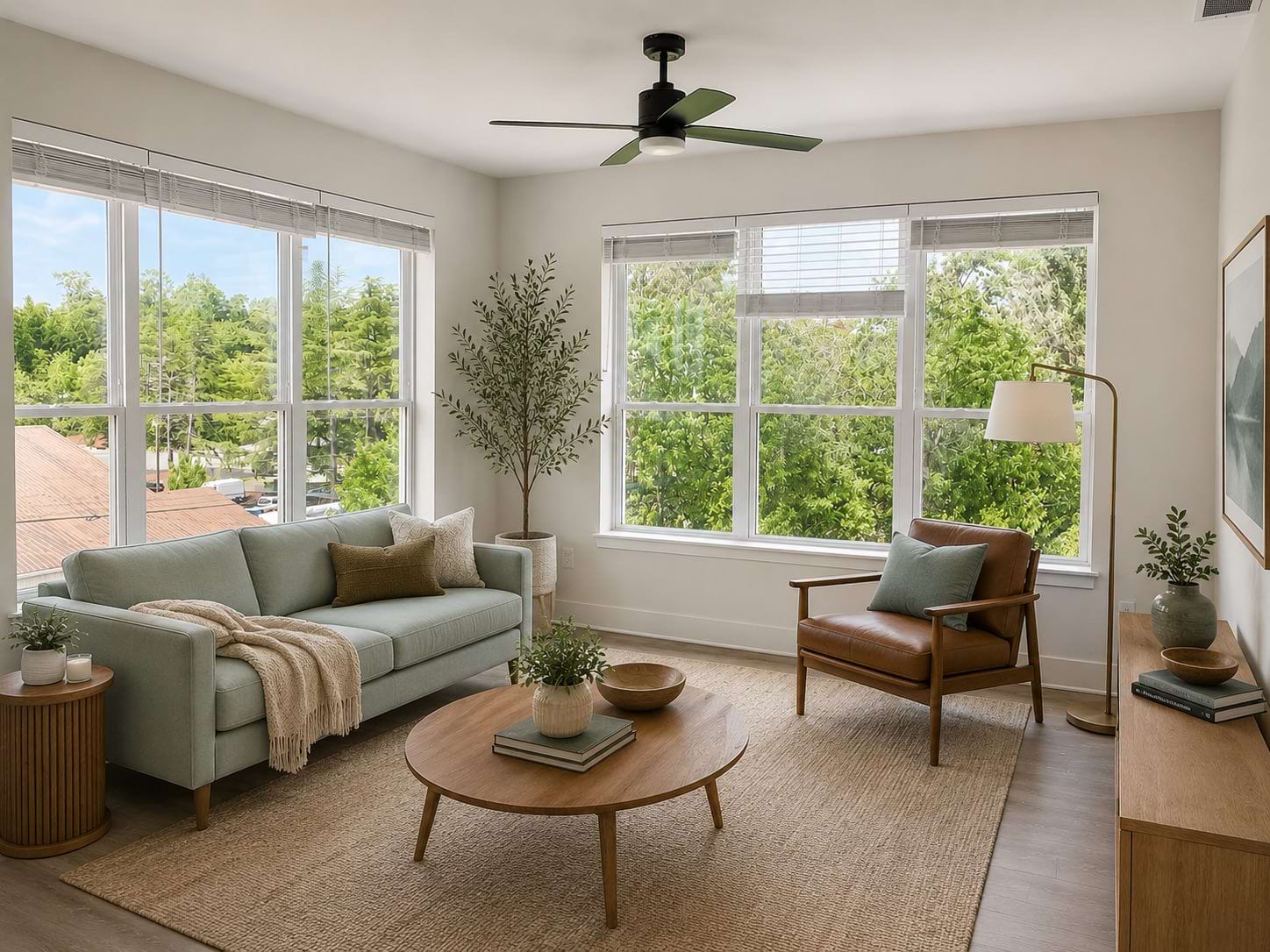 a living room with large windows