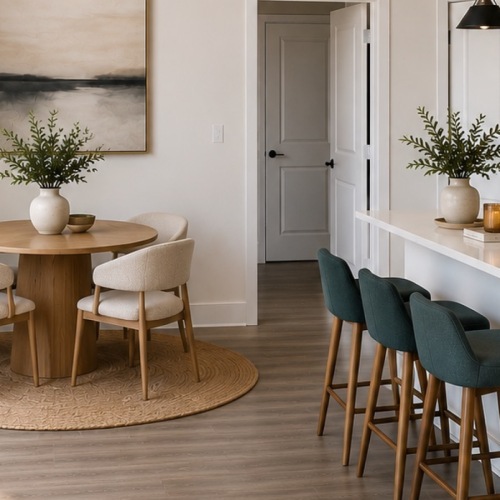 a kitchen with dining area