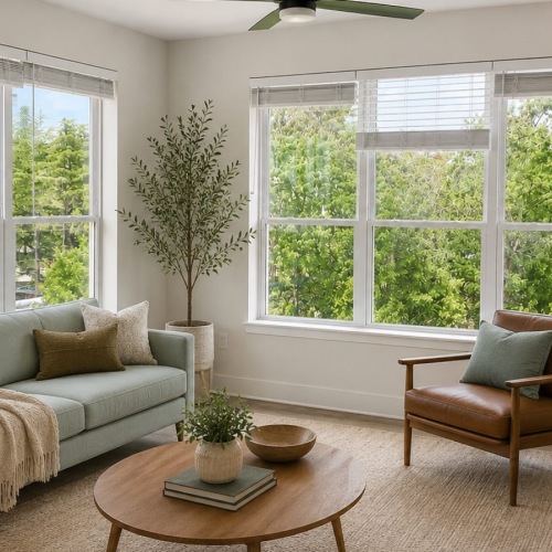 a living room with large windows