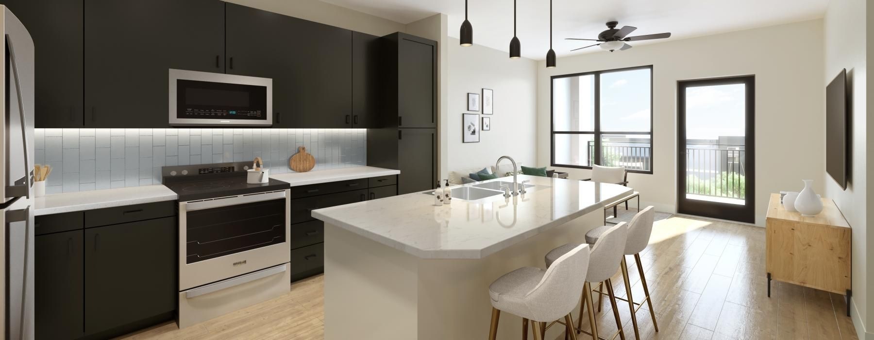 a kitchen with a table and chairs