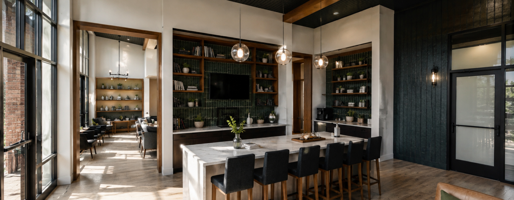 Luxury apartment clubhouse interior with communal kitchen, seating, and lounge space at The James Charlottesville