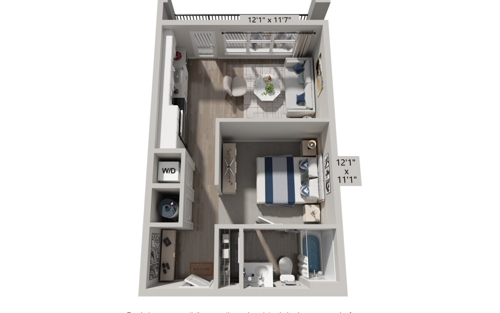 S2 - Studio floorplan layout with 1 bathroom and 657 square feet