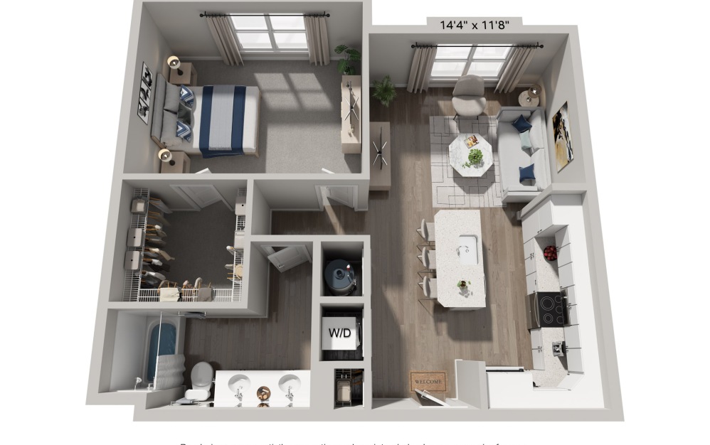 A3 - 1 bedroom floorplan layout with 2 bathrooms and 1414 square feet