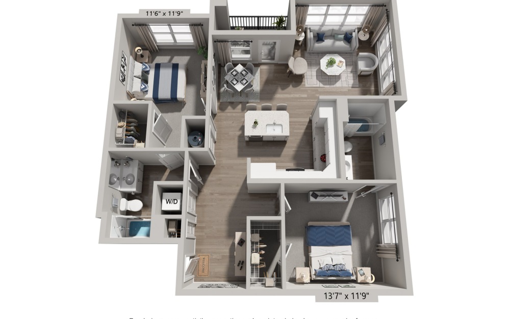 B1 - 2 bedroom floorplan layout with 2 bathrooms and 1269 square feet