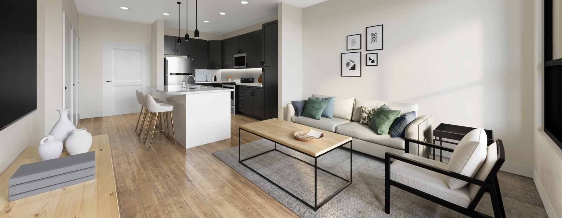 a living room with a wood floor, ceiling fan, and pendant lighting