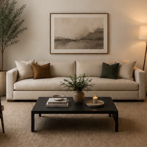 a living room with large windows